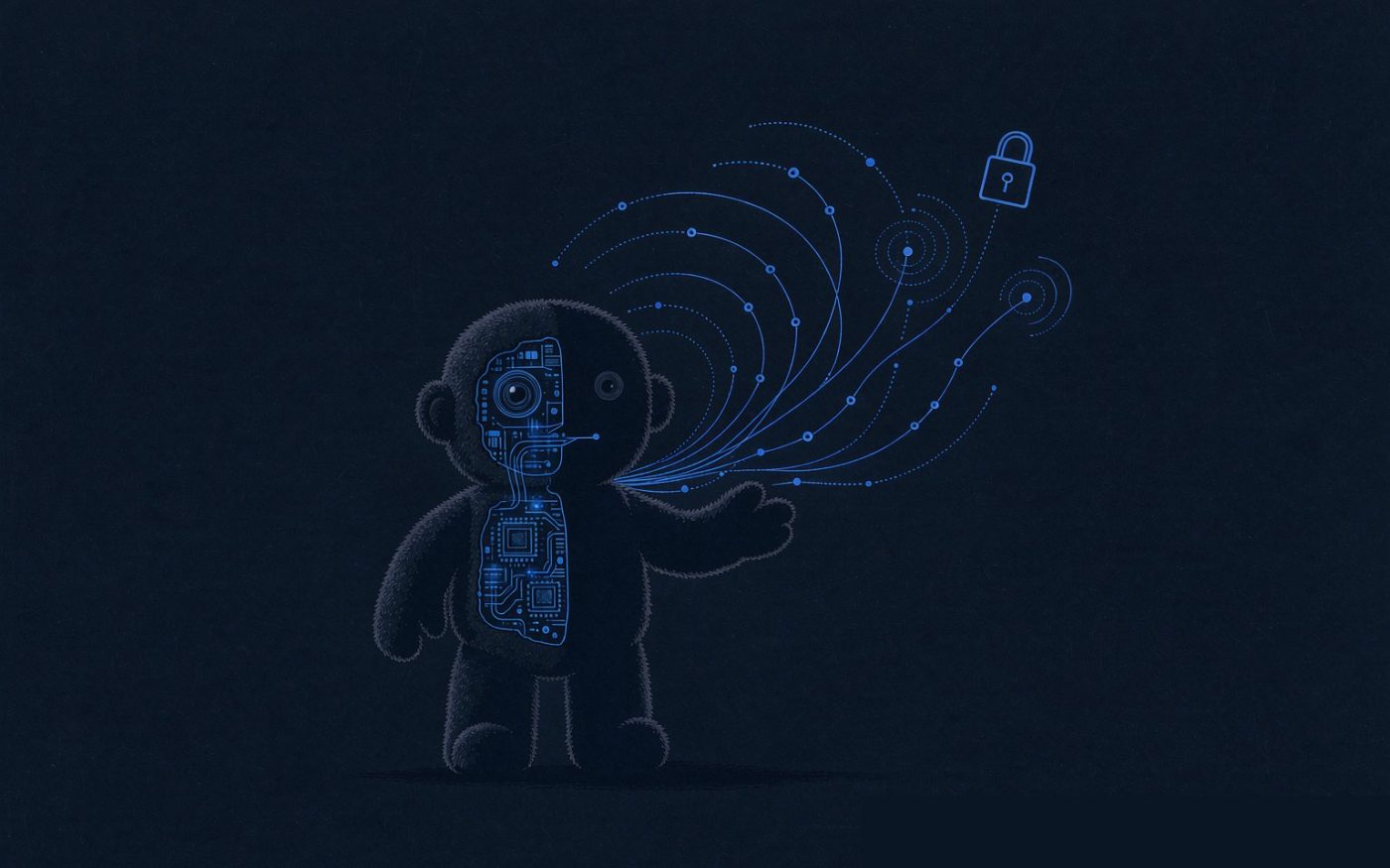 Illustration: a plush toy with visible circuitry and data lines rising from it