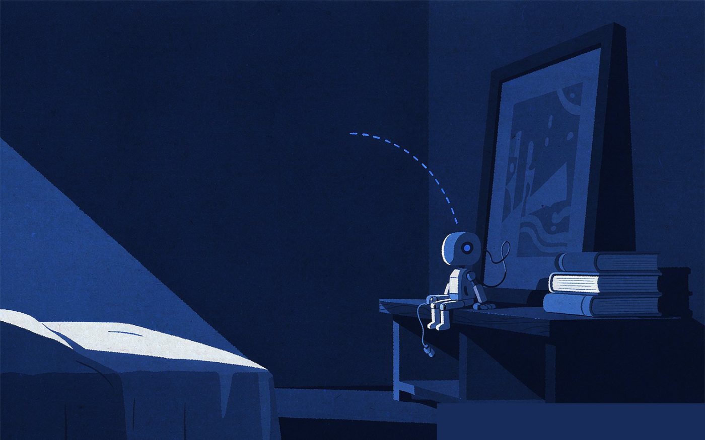 Illustration: a small companion robot sitting alone on a bedroom shelf with an unplugged cable